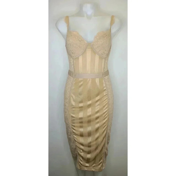 PrettyLittleThing Stone Shape Lace Mesh Stripe Midi Dress Tan Beige Bodycon 8 - Picture 3 of 15
